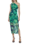 Donna Morgan One-shoulder Midi Dress In Green/ Ink Blue
