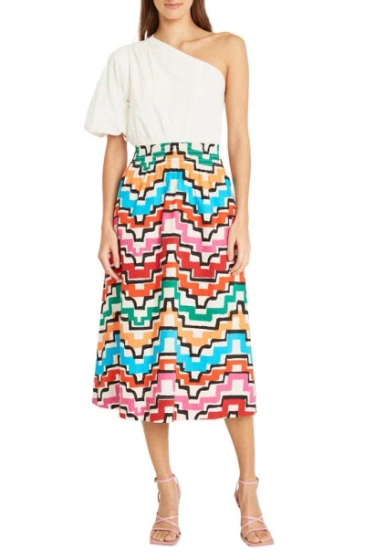 Donna Morgan For Maggy One Shoulder Midi Dress In Soft Ivory/ Black/ Multi