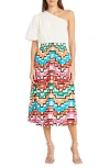 Donna Morgan Midi Dress In Soft Ivory/black/multi