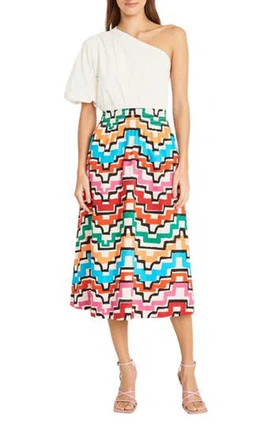 Donna Morgan For Maggy One Shoulder Midi Dress In Soft Ivory/black/multi