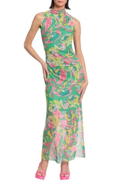 Donna Morgan For Maggy Paisley Shirred Maxi Dress In Absinthe Green/pink
