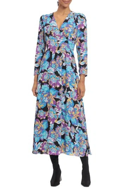 Donna Morgan For Maggy Patterned Long Sleeve Maxi Dress In Purple Night/aqua