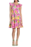 Donna Morgan For Maggy Print Cap Sleeve Tiered Dress In Soft White/lemon Yellow