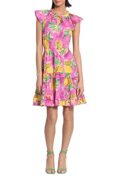 Donna Morgan For Maggy Print Cap Sleeve Tiered Dress In Soft White/lemon Yellow