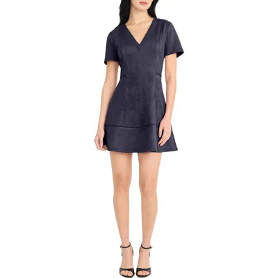 Donna Morgan For Maggy Short Sleeve Faux Suede Fit & Flare Minidress In Blue