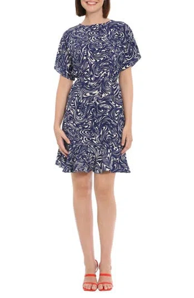 Donna Morgan For Maggy Short Sleeve Ruffle Hem Fit & Flare Dress In Ivory/navy