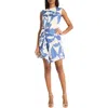 Donna Morgan For Maggy Sleeveless Draped Front Asymmetric Hem Dress In Cream/denim Blue