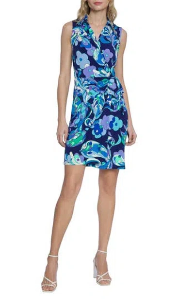 Donna Morgan For Maggy Sleeveless Wrap Dress In Navy/light Lilac