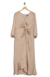 Donna Morgan For Maggy Three-quarter Sleeve Faux Wrap Midi Dress In Champagne