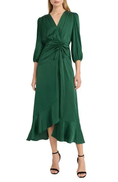 Donna Morgan For Maggy Three-quarter Sleeve Faux Wrap Midi Dress In Dark Green