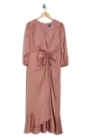 Donna Morgan For Maggy Three-quarter Sleeve Faux Wrap Midi Dress In Dusty Rose