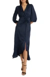 Donna Morgan For Maggy Three-quarter Sleeve Faux Wrap Midi Dress In Twilight Navy