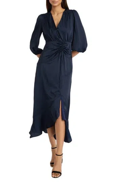 Donna Morgan For Maggy Three-quarter Sleeve Faux Wrap Midi Dress In Twilight Navy