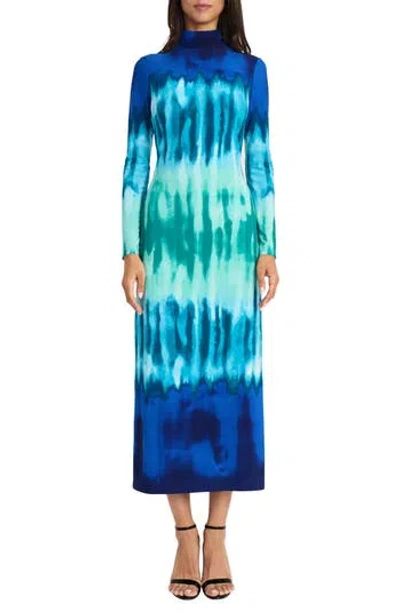 Donna Morgan For Maggy Tie Dye Long Sleeve Column Maxi Dress In Teal Blue/royal