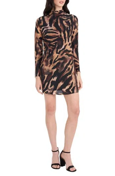 Donna Morgan For Maggy Tiger Stripe Mock Neck Long Sleeve Minidress In Brown