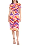 Donna Morgan Twist Front Short Sleeve Midi Dress In Soft White/ Byzantium