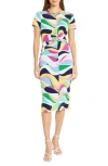Donna Morgan Twist Front Short Sleeve Midi Dress In Soft White/ Jade