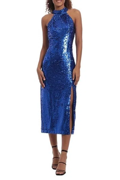 Donna Morgan Full Sequin Halter Front Slit Midi Party Dress In Skydiver In Multi