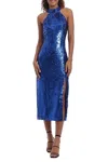 Donna Morgan Full Sequin Halter Front Slit Midi Party Dress In Skydiver In Multi