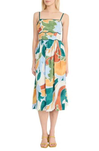 Donna Morgan Geo Print A-line Dress In Pastel Blue/deep Emerald