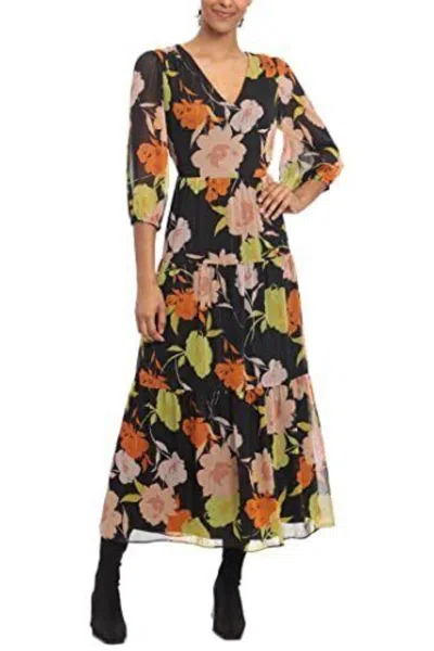 Donna Morgan Long Sleeve Floral Tiered Dress In Black Peach