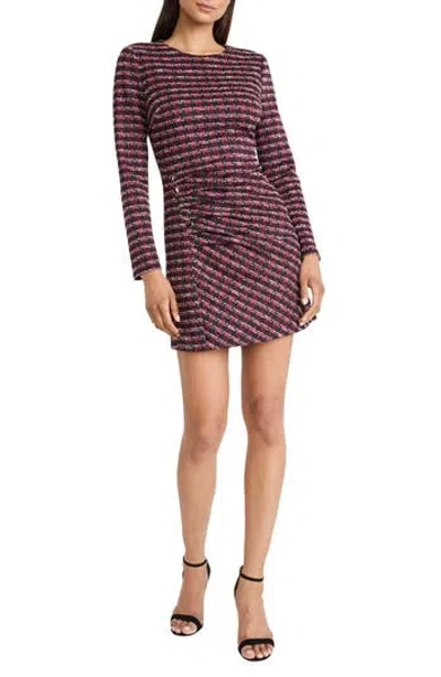 Donna Morgan Long Sleeve Jacquard Tweed Minidress In Black/ Wine Combo