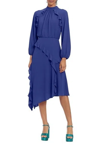 Donna Morgan Long Sleeve Mock Neck Ruffle Dress In Blue
