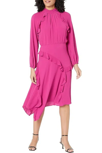 Donna Morgan Long Sleeve Mock Neck Ruffle Dress In Fuschia In Pink