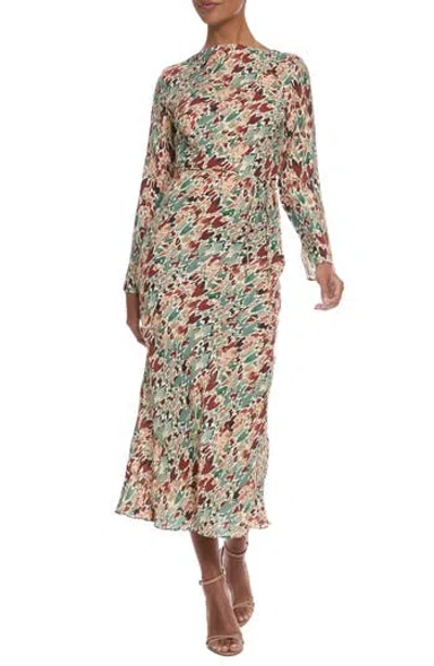 Donna Morgan Long Sleeve Tie Waist Maxi Dress In Green/ Tan