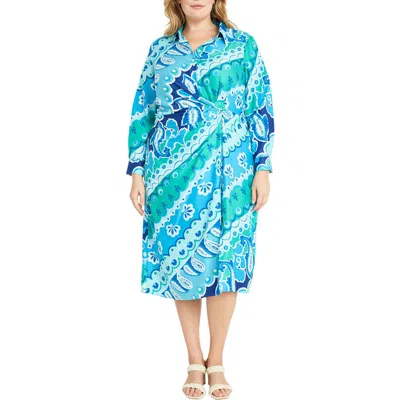 Donna Morgan Long Sleeve Twisted Waist Midi Shirtdress In Blue