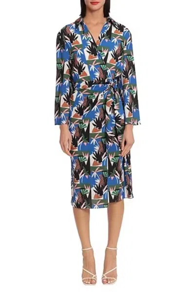 Donna Morgan Long Sleeve Wrap Dress In Jungle Blue In Multi