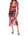 Donna Morgan Maggy London Violeta Mesh Midi Gathered Dress In Grey/penny In Multi