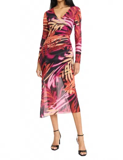 Donna Morgan Maggy London Violeta Mesh Midi Gathered Dress In Grey/penny In Multi