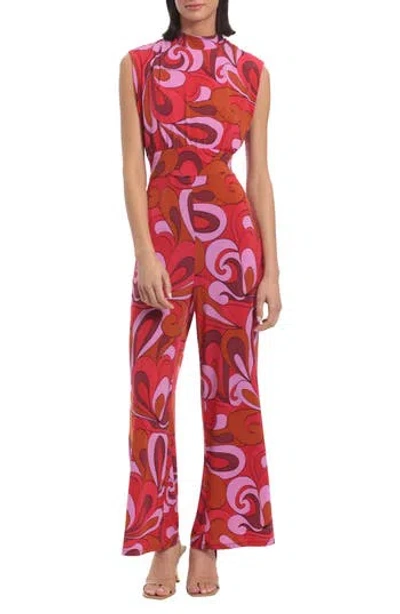 Donna Morgan Mock Neck Sleeveless Jumpsuit In Red/lavender