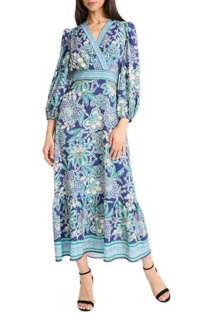 Donna Morgan Print Balloon Sleeve Maxi Dress In Blue
