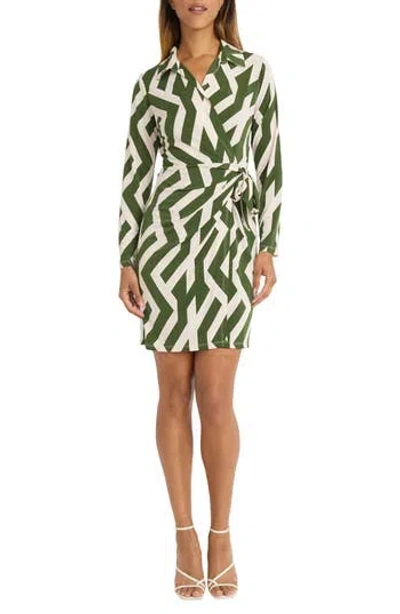 Donna Morgan Print Long Sleeve Wrap Shirtdress In Green