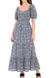 Donna Morgan Puff Sleeve Maxi Dress In Blue/white/orange