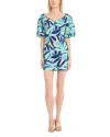 Donna Morgan Women's Puffed-sleeve Graphic-print Dress In Cream/blue