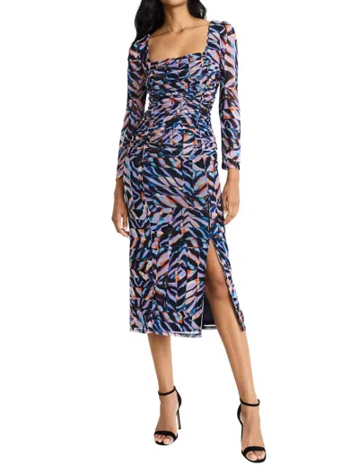 Donna Morgan Ruched Bodice Mesh Midi Dress In Lavender & Teal In Blue