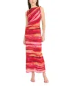 Donna Morgan Ruffled Trim Midi Dress In Red/ Gold