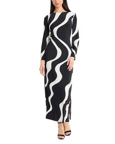 Donna Morgan Side Slit Long Sleeve Maxi Dress In Black/ivory