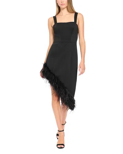Donna Morgan Square Neck Asymmetric Feather Trim Dress In Black
