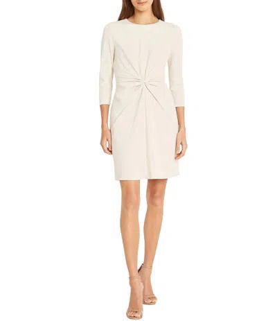 Donna Morgan Stretch Scuba Crepe Round Neck 3/4 Sleeve Twist Front Dress In Horn In Ivory