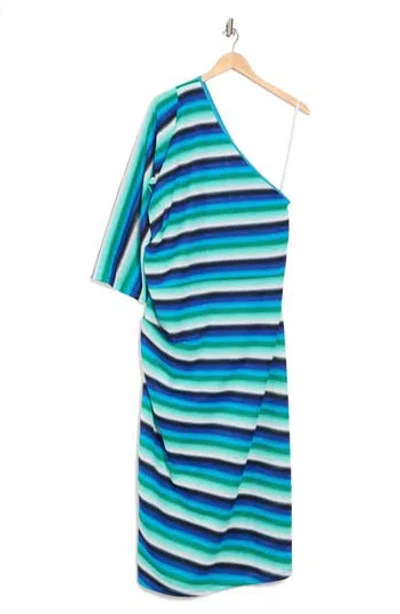 Donna Morgan Stripe One-shoulder Ruched Shift Dress In Blue