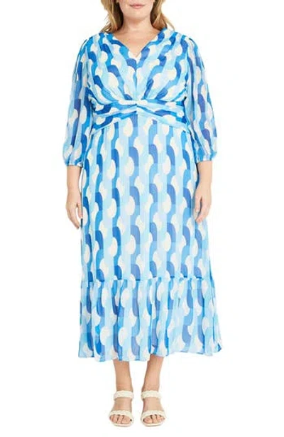 Donna Morgan Three Quarter Sleeve Midi Dress In Blue