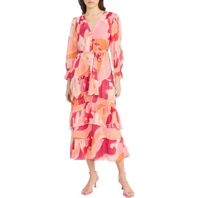Donna Morgan Tie Waist Long Sleeve Tiered Maxi Dress In Cream/ Magenta