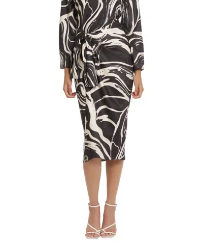 Donna Morgan Tied Waist Marble Print Midi Dress In Black Cream
