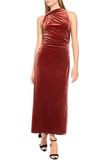 Donna Morgan Velvet Knot Shoulder Midi Dress In Fired Brick