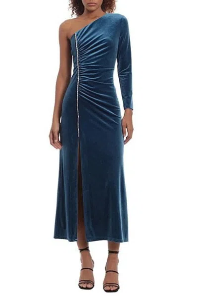 Donna Morgan Velvet One Shoulder Embellished Front Slit Midi Dress In Poseidon In Blue