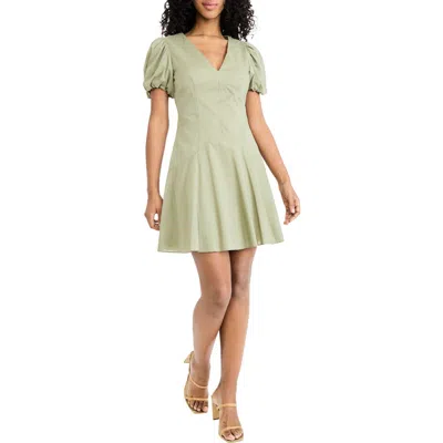Donna Morgan V-neck Puff Sleeve A-line Minidress In Green